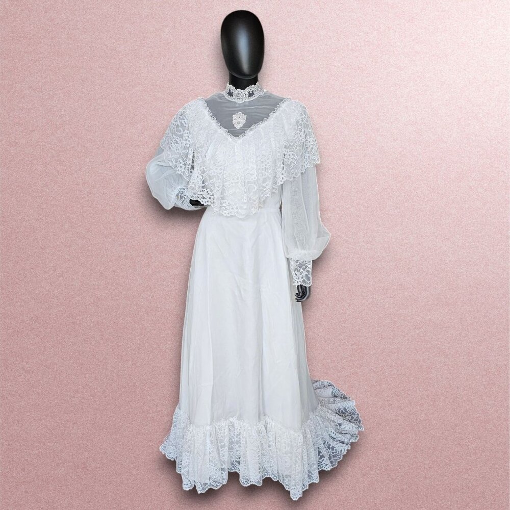 70s Lace Bandeau Chiffon High-Collar Wedding Gown